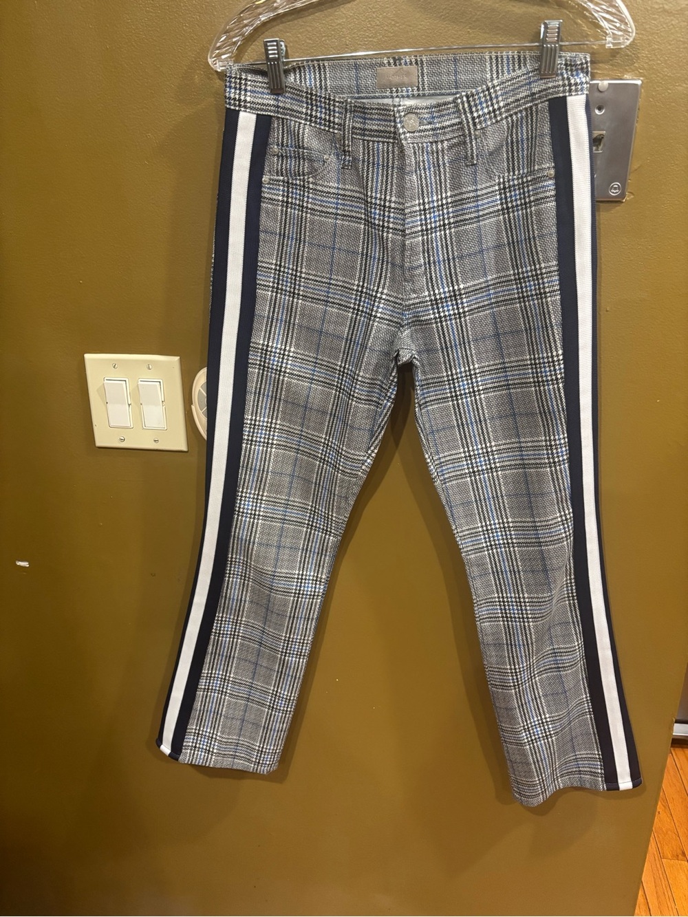 Mother The Insider Ankle Jeans 27 Grey Blue Plaid Side Stripe Flare Pants 701607